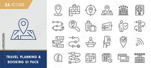 Travel Planning & Booking UI Icons Set – Map Pins, Itinerary, Tickets & Payment Outline Icons