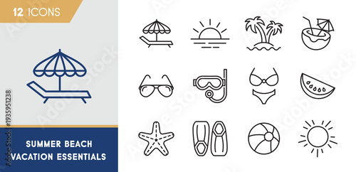 Summer Beach Vacation Essentials Icons Set – Tropical Travel, Swim & Holiday Outline Icons