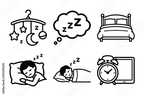 Sleep Icons: Baby Mobile, Dream Cloud, Bed, Sleeping Person, Alarm Clock