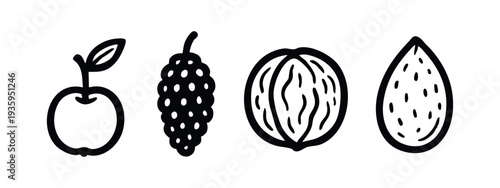 Hand Drawn Fruit and Nut Icons Set, Doodle Style Apple, Grapes, Walnut, and Almond Illustrations for Healthy Food Concepts