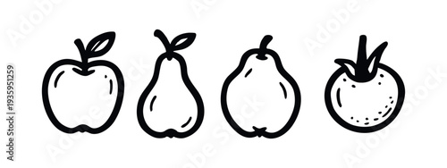 Hand Drawn Apple, Pear, and Tomato Icons Set, Doodle Style Fresh Fruit and Vegetable Illustrations for Healthy Eating