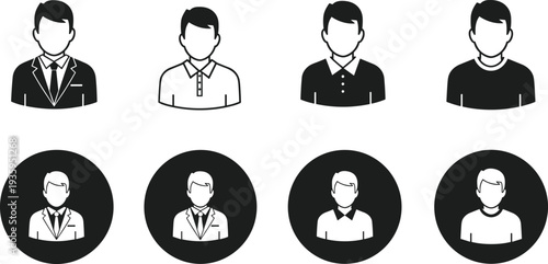 Professional Male Avatar Icon Set Featuring Business Suits, Polo Shirts, Casual T-Shirts, and Circle Profile Outlines for Corporate Identity Design.