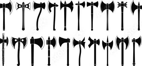 Collection of Black Silhouette Axe Icons and Weapons with Different Designs and Handles on a White Background Keywords: axe, ax, weapon, battle, medieval, tool, chopping, woodcutting
