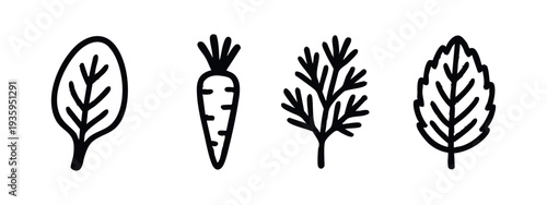 Hand Drawn Leafy Green and Root Vegetable Icons Set, Doodle Style Herbs and Produce Illustrations with Spinach, Carrot, and Dill