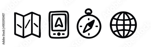 Hand-drawn navigation and travel icons set: folded map, GPS device, compass, and globe symbol