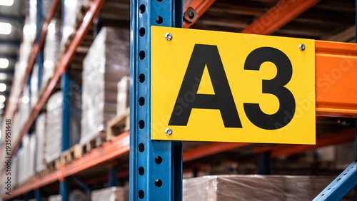warehouse aisle marker sign cropped on storage rack close up