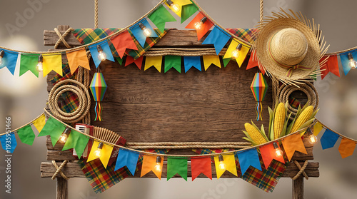 Vibrant festival banner with wooden sign and colorful decorations