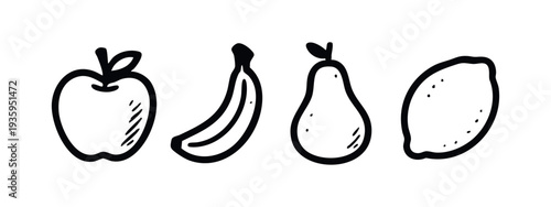 Hand-drawn classic fruit icons set: apple, banana, pear, and lemon illustrations for healthy eating