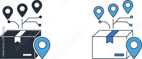 Logistics and Delivery Package Tracking Illustration Featuring Cardboard Boxes, Map Pin Location Icons, Global Shipping Routes, Supply Chain Management, and Distribution