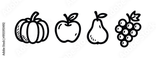 Hand-drawn autumn harvest fruit icons set: pumpkin, apple, pear, and grapes illustrations