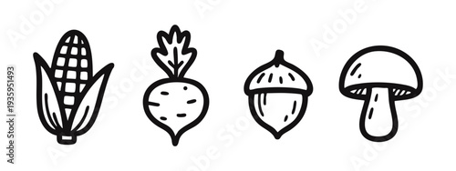 Hand-drawn rustic harvest icons set: corn, turnip, acorn, and mushroom illustrations for nature themes