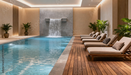 Indoor natural light pool with a cascading water feature and lounge chairs