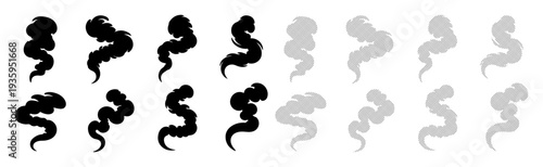 Set of stylized black and gray smoke plumes for graphic design