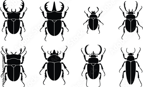 Collection of eight black silhouette beetle illustrations with detailed exoskeletons and prominent mandibles on a white background Keywords: beetle, insect, bug, silhouette, illustration