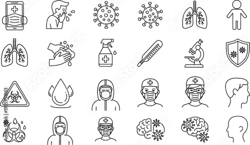 Medical Healthcare Icon Set Featuring Virus Protection, Lung Health, Medical Professionals in Masks, Hygiene Sanitization, Biohazard Warning, and Laboratory Research Symbols