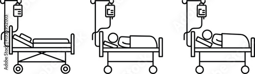 Medical Hospital Bed Icon Set Featuring Adjustable Patient Beds, Intravenous IV Drip Stands, Sick Patients Resting, and Healthcare Treatment Equipment Symbols.