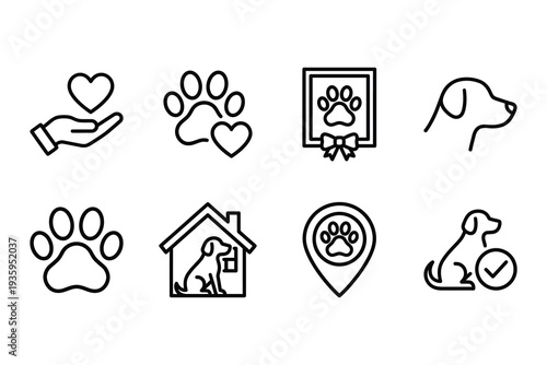 Dog and Pet Care Icons: Love, Paw Print, Home, Health Check, Portrait, Location