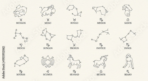 Collection of Zodiac Constellation Symbols and Names.