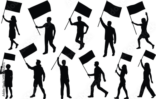 Diverse group of people silhouettes holding flags in various poses and actions on a white background