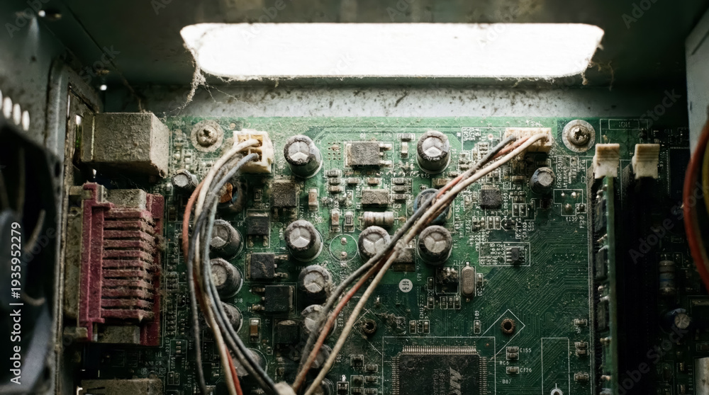 Fototapeta premium Macro view of a dusty and neglected computer circuit board, representing technological obsolescence, the passage of time, and the environmental impact of e-waste