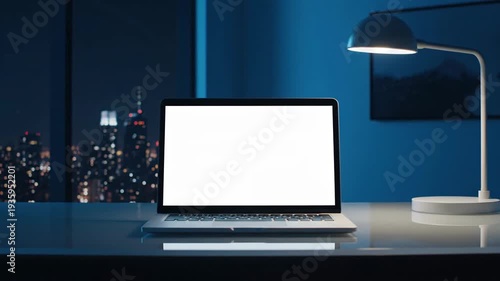 Laptop with Blank Screen on Desk Cityscape Background Night