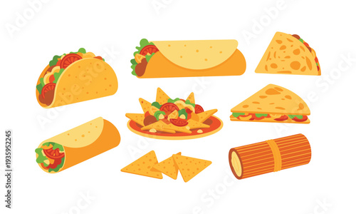 Delicious Mexican food collection with tacos and burritos