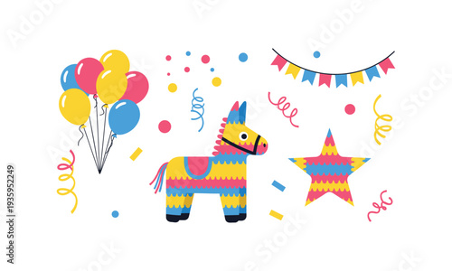 Colorful party decorations with pinata and balloons for celebration