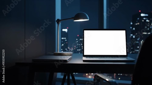 Laptop screen mock up city night view office desk