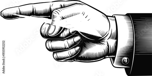 Engraved Style Black and White Illustration of a Hand Pointing to the Left finger gesture