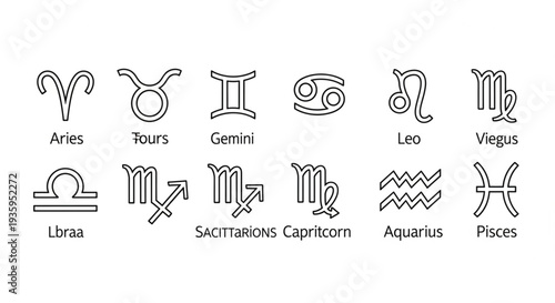 Collection of Zodiac Constellation Symbols and Names.