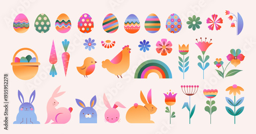 Happy Easter collection of illustrations, icons, symbols and graphic elements. Colorful icons set with bunnies, flowers, eggs and basket