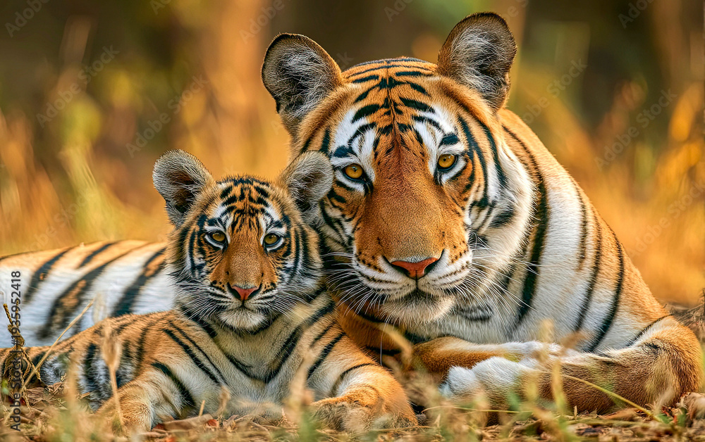Fototapeta premium Tigress with cub,close up