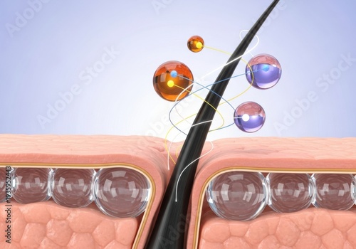 An illustration of a black hair with colorful nanotechnology particles on it