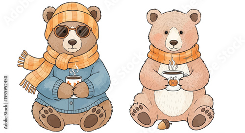 Two adorable bears enjoy warm drinks and autumn accessories