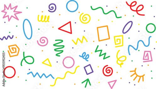 Vibrant abstract background with colorful geometric shapes, zigzags, circles, and curly lines. Creative hand-drawn style pattern for modern design, posters, and fun decor. Colorful Abstract Geometric 