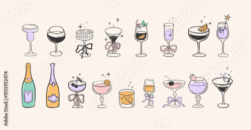 Vintage hand drawn cocktail party set with wine glasses and champagne bottles. Retro illustrations collection.