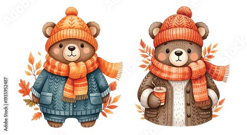 Two adorable watercolor bears wearing autumn clothing and holding drinks