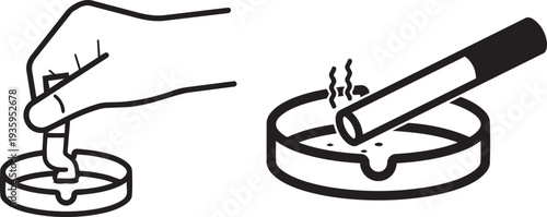 Smoke and Ash: A visual metaphor for the habit of smoking, a hand extinguishing cigarette in ashtray and ashed cigarette laying.