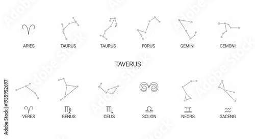 Collection of Zodiac Constellation Symbols and Names.
