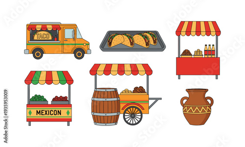 Vibrant Mexican food truck and market cart illustrations