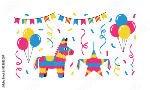 Vibrant party scene with colorful piñatas and balloons