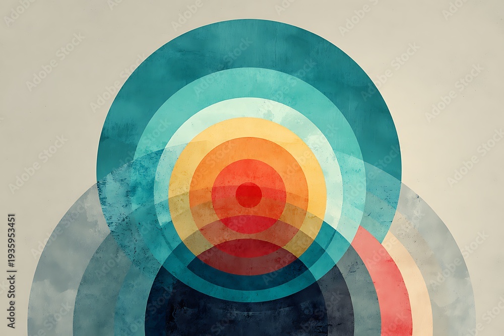 Fototapeta premium A retro-inspired abstract design featuring concentric circles in teal, orange, and red with a textured, vintage aesthetic.