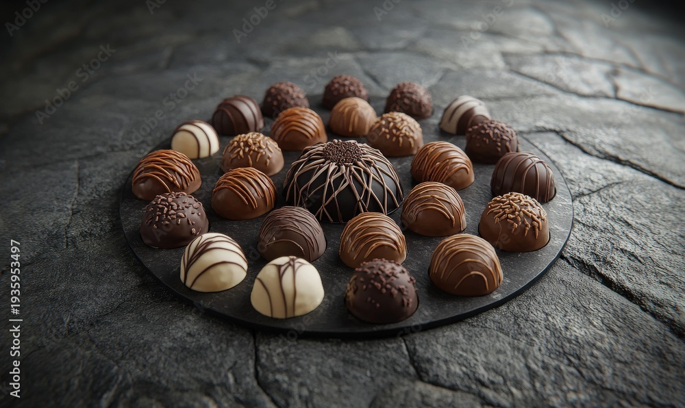 Obraz premium Vibrant display of assorted chocolate truffles arranged in a circular pattern on a textured surface, illuminated by soft natural light for a luxurious presentation 4k hyperrealistic photo