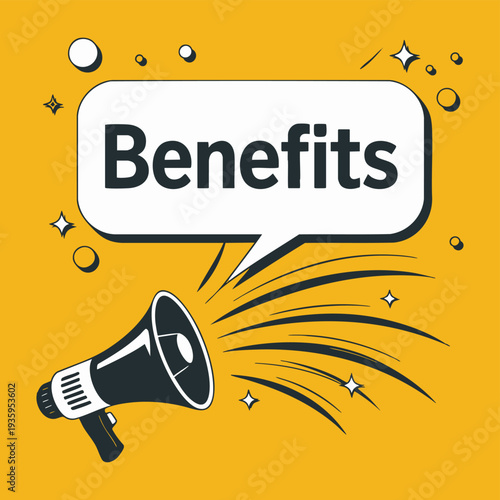 Vibrant illustration of a megaphone announcing benefits with speech bubbles and sparkles Vector