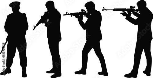 Silhouettes of Four Men with Rifles in Different Poses on a White Background person people