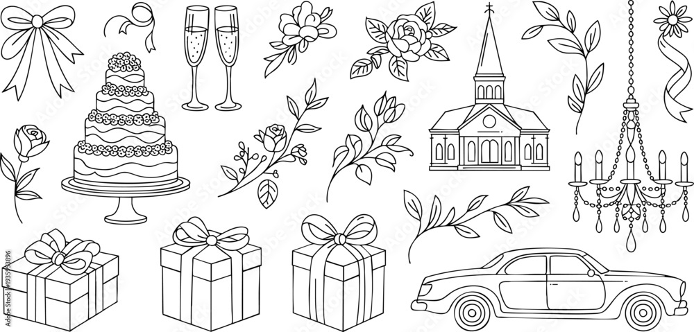 Fototapeta premium Christmas-themed line drawing illustrations of gifts, car, and decorations Vector