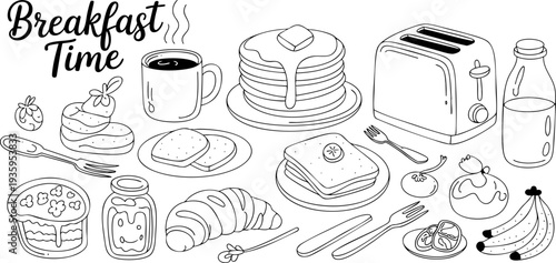 Delicious breakfast time illustration with various food and drink items Vector