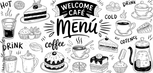 Hand-drawn cafe menu illustration with various drinks and desserts Vector