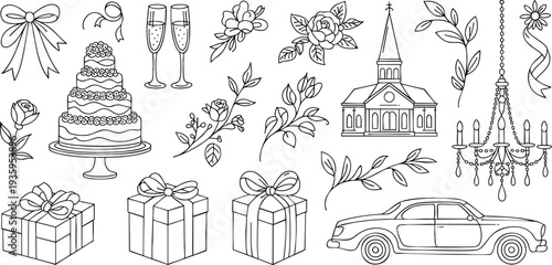 Christmas-themed line drawing illustrations of gifts, car, and decorations Vector