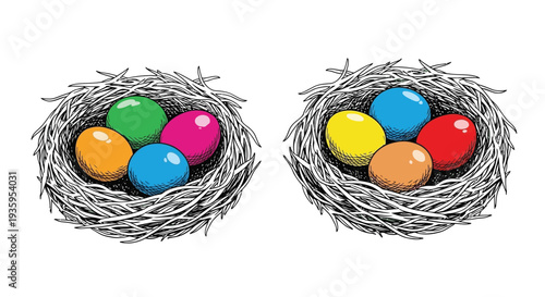 Two bird nests filled with colorful eggs detailed sketch illustration